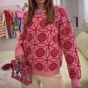 preppy trending print detailed sweater cute pink red
